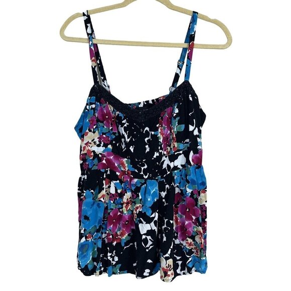 Torrid Top Women 1X Blue Pullover Tank Floral Smock Lace Cami Boho Western Flowy - Picture 1 of 14